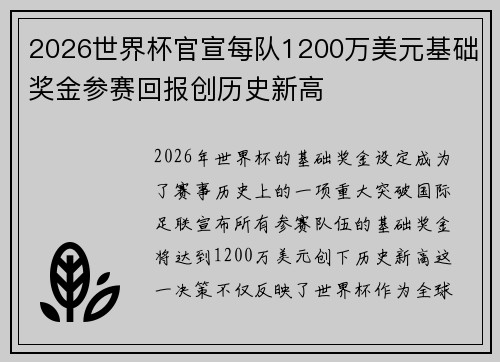 2026世界杯官宣每队1200万美元基础奖金参赛回报创历史新高