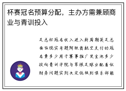 杯赛冠名预算分配，主办方需兼顾商业与青训投入